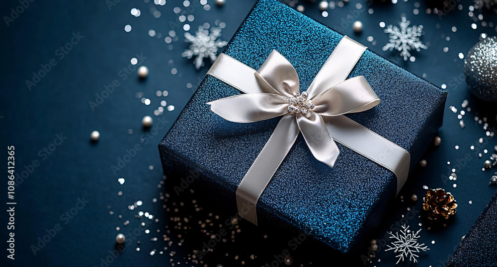 A stunning gift box with a blue surface and white satin ribbon, ideal for Christmas or winter celebrations. Perfect for holiday promotions, cards, and festive invitations. A stunning gift box with a blue surface and white satin ribbon, ideal for Christmas or winter celebrations. Perfect for holiday promotions, cards, and festive invitations.