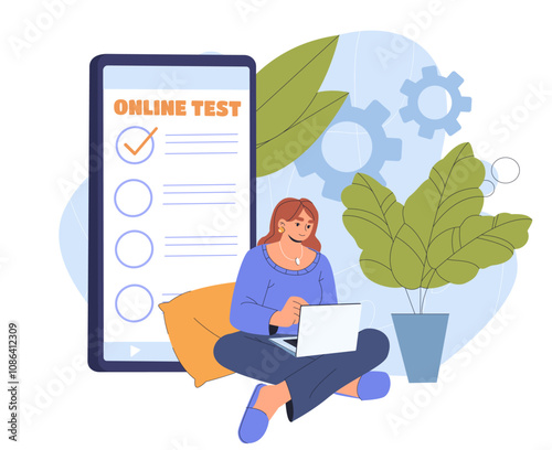 Woman with online test. Young girl sits near large smartphone and answers questions. Distance education and training. Test or examination at school or university. Flat vector illustration