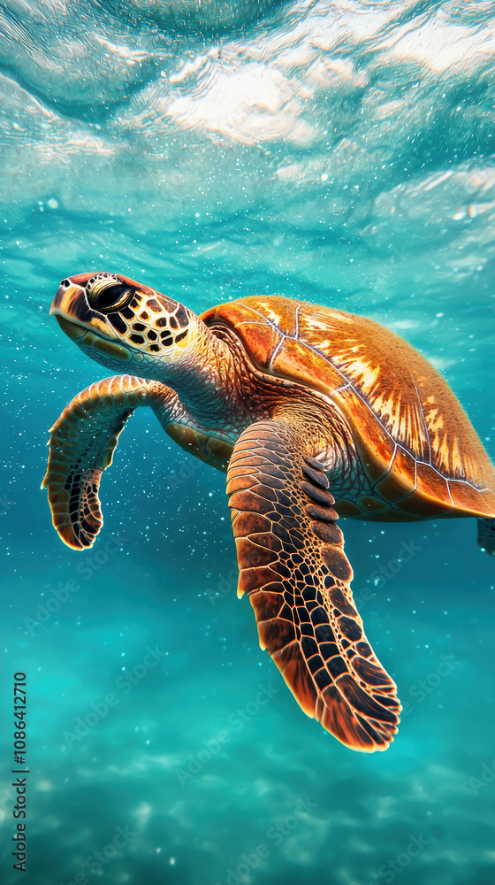 Obraz premium Plastic Pollution Microplastics Wildlife Concept. A sea turtle glides gracefully through clear blue water, surrounded by sunlight and bubbles.