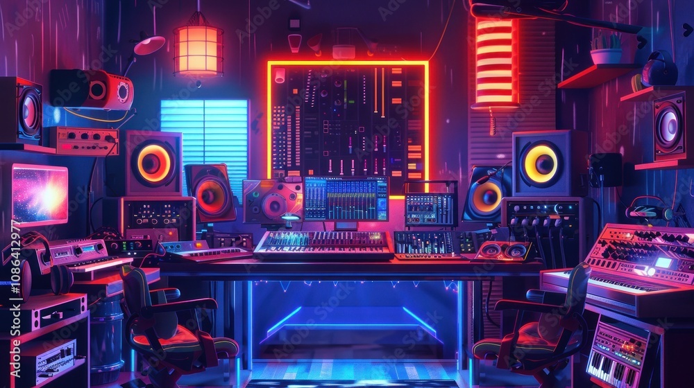 A futuristic music studio with a professional sound mixer, glowing neon lights, and various music equipment. A futuristic music studio with a professional sound mixer, glowing neon lights, and various music equipment.