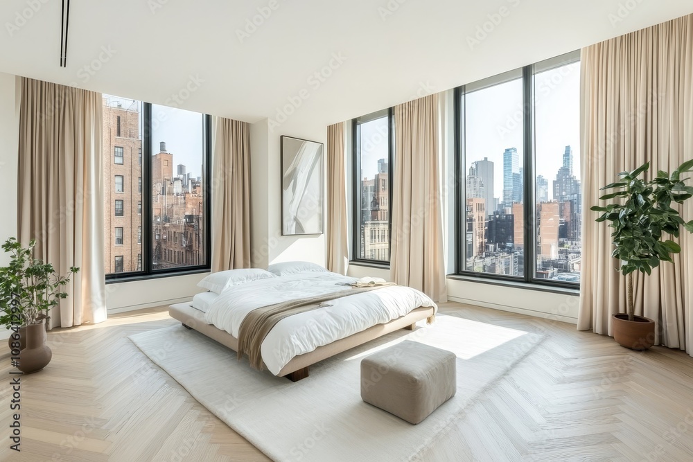 A modern bedroom with a large bed, a white rug, and a city view. A modern bedroom with a large bed, a white rug, and a city view.