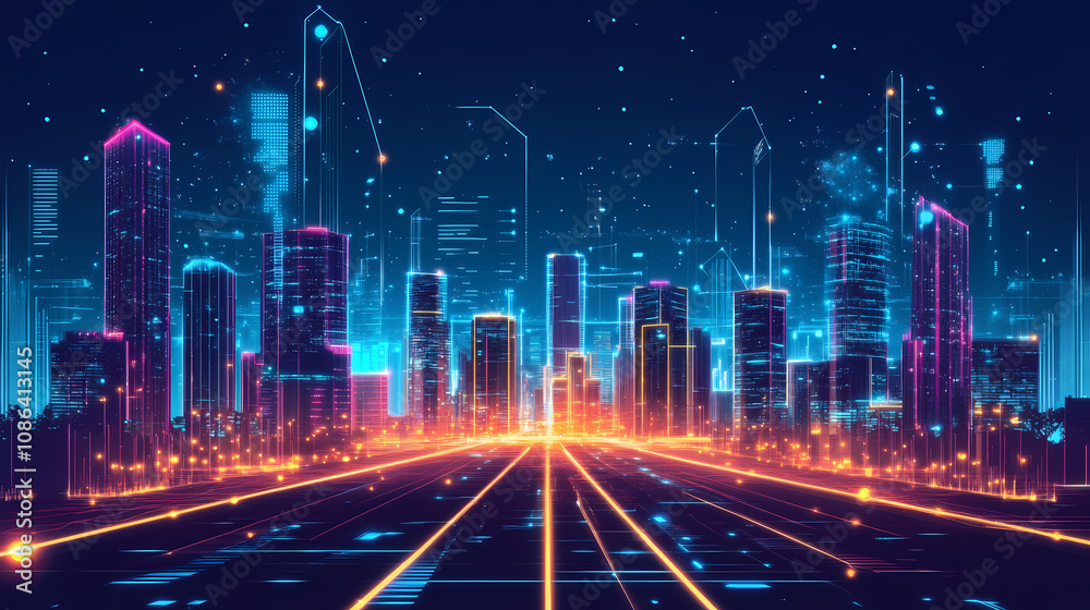 Fototapeta premium Blockchain-driven city infrastructure, neon-lit pathways, futuristic city design. Futuristic Cityscape Vision. Illustration