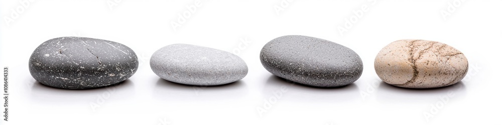 A serene arrangement of smooth stones in varying shades, showcasing their natural textures and colors against a clean white background. A serene arrangement of smooth stones in varying shades, showcasing their natural textures and colors against a clean white background.
