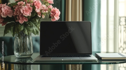 Stylish Home Office Workspace with Laptop and Flowers