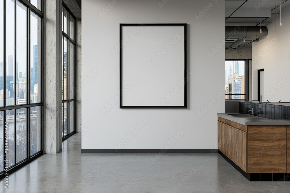 Modern office interior with large windows, city view and blank frame on the wall. Modern office interior with large windows, city view and blank frame on the wall.
