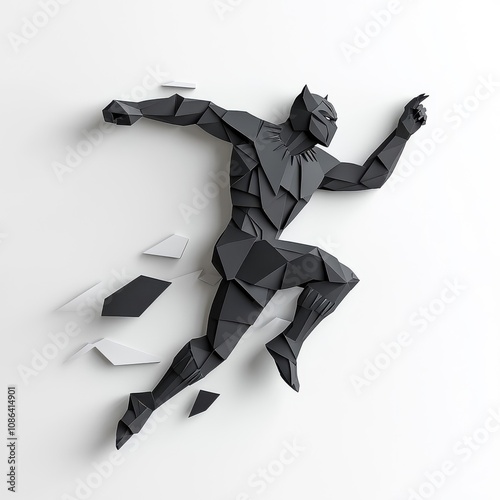 Paper art black panther, dynamic pose, isolated on white background. photo