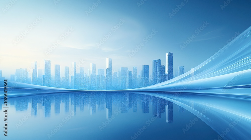 Fototapeta premium Blue background, technology city skyline, white waves and curves, gradient light blue color scheme, simple style, flat composition