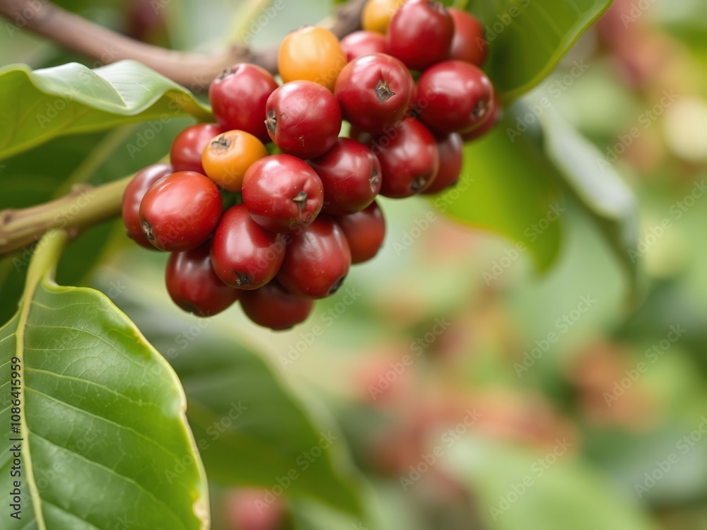 Ripe coffee cherry being picked from the coffee plant, coffee plantation, coffee cherry, nature Ripe coffee cherry being picked from the coffee plant, coffee plantation, coffee cherry, nature