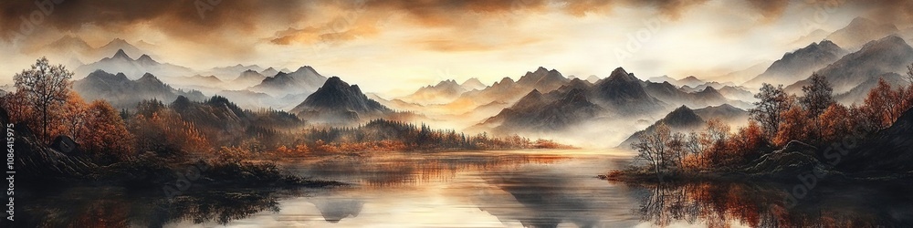 Fototapeta premium Abstract Marketing Background Featuring 3D Carpet Wallpaper Design with Chinese Landscape Art Depicting Black Trees and Brown Mountains Against a Sunset, Perfect for Luxurious Home Wall Decoration, Ca