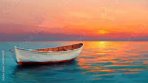 Serene Sunset Boat at Sea Ocean Calm Waters Painting