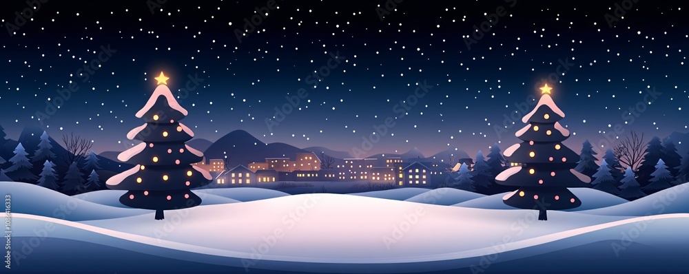 Beautiful Christmas tree with lights on festive evening winter snowy landscape. Winter holidays celebration background. Happy New Year and Merry Christmas Beautiful Christmas tree with lights on festive evening winter snowy landscape. Winter holidays celebration background. Happy New Year and Merry Christmas