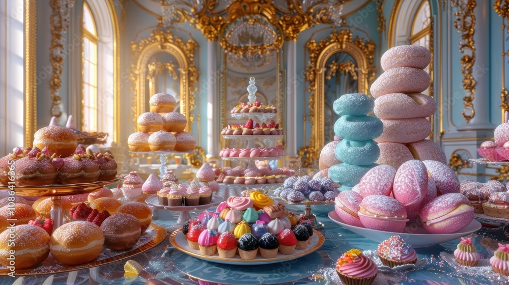 Fototapeta premium A lavishly decorated room with a large table filled with various sweet pastries, cakes, and donuts.