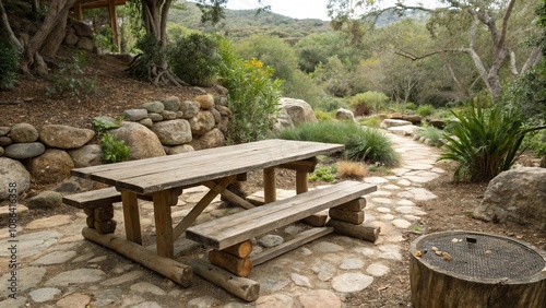 Rustic wooden table with natural elements, wildflowers, distressed