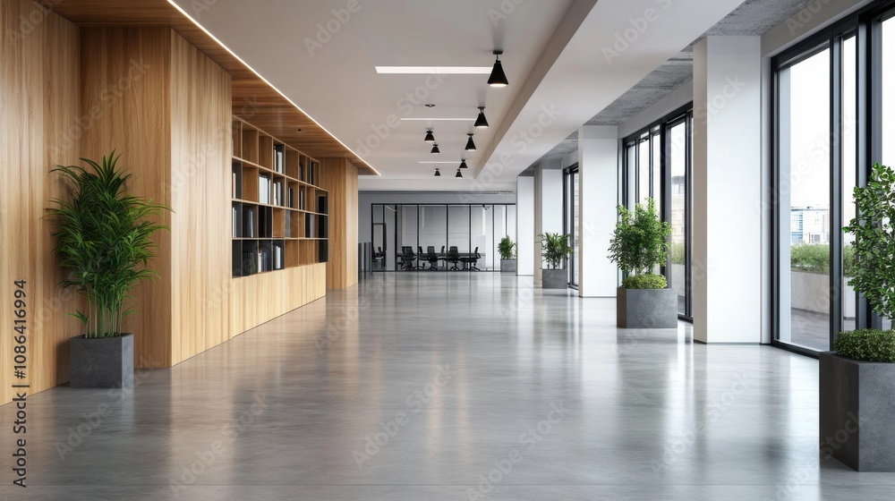 Fototapeta premium Modern Office Interior with Plants and Large Windows