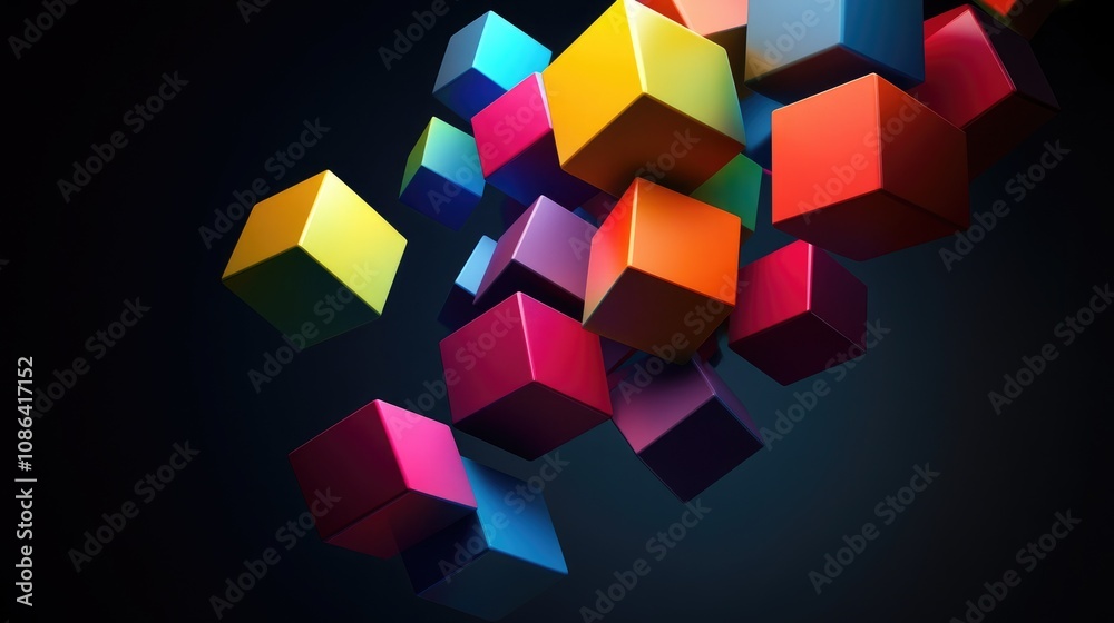 3D geometric cubes in gradient colors, floating on a dark background for a futuristic and dynamic look 3D geometric cubes in gradient colors, floating on a dark background for a futuristic and dynamic look