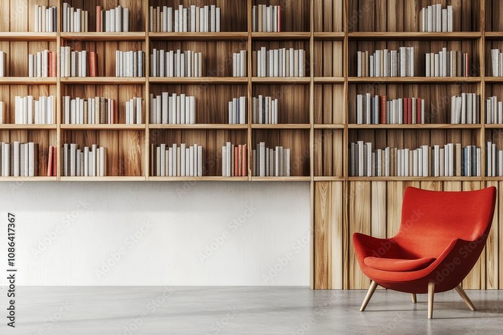 A red armchair sits in front of a wall of bookshelves, providing a comfortable spot for reading. A red armchair sits in front of a wall of bookshelves, providing a comfortable spot for reading.