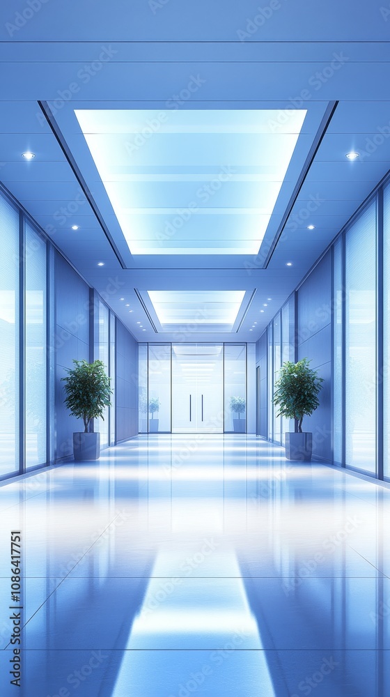 A modern hallway with glass walls, bright lighting, and potted plants, conveying a professional atmosphere. A modern hallway with glass walls, bright lighting, and potted plants, conveying a professional atmosphere.