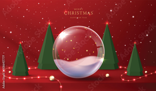 Podium shape for show cosmetic product display for christmas day or new years. Stand product showcase on red background with lighting christmas. vector design.