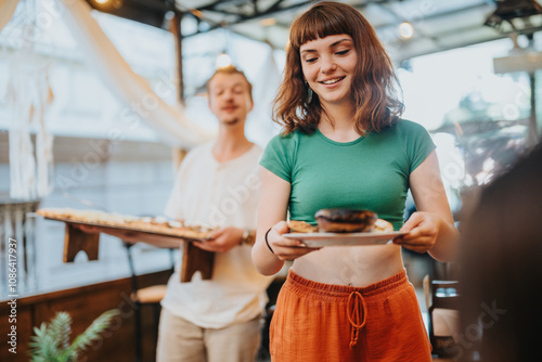 A cheerful young woman is serving delicious food at an outdoor cafe, creating a warm and inviting atmosphere for guests. The vibrant setting adds to the joyous and hospitable ambiance.