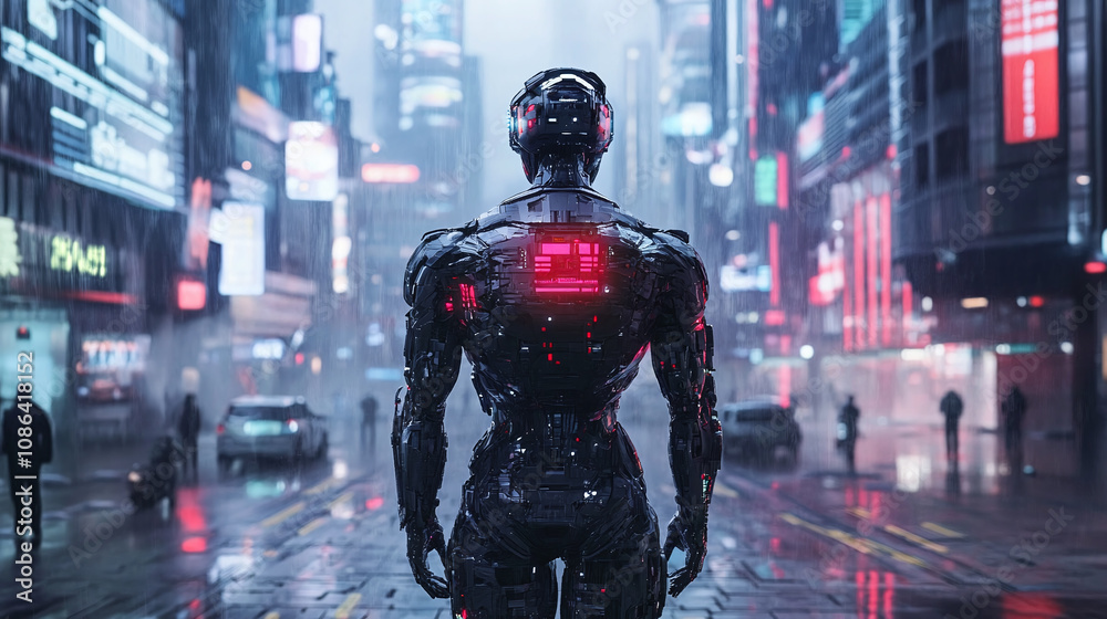 A futuristic cyborg standing in a high-tech urban environment, showcasing a blend of human features and advanced robotic elements A futuristic cyborg standing in a high-tech urban environment, showcasing a blend of human features and advanced robotic elements