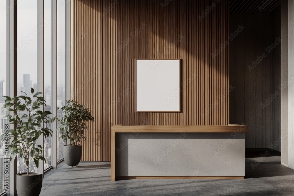 Modern office reception desk with wood panel wall, large window with city view, and blank poster. Modern office reception desk with wood panel wall, large window with city view, and blank poster.
