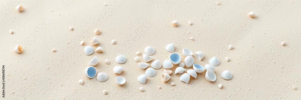 A delicate cluster of light blue seashells scattered on a soft beige sand background with gentle beach grasses and dune-like formations, tranquil scene, ocean view A delicate cluster of light blue seashells scattered on a soft beige sand background with gentle beach grasses and dune-like formations, tranquil scene, ocean view