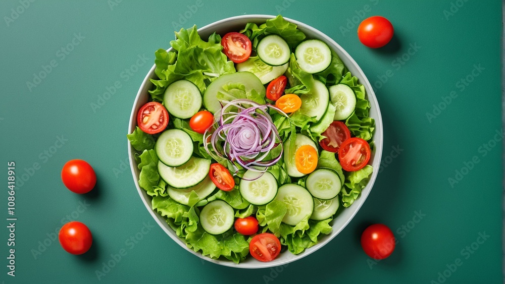 A white bowl filled with a fresh salad of lettuce, cucumbers, tomatoes, and purple onions is placed on a green background. A white bowl filled with a fresh salad of lettuce, cucumbers, tomatoes, and purple onions is placed on a green background.