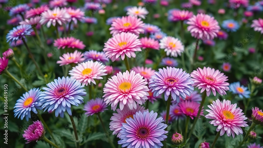 A field of blue and pink chrysanthemums in bloom, , garden landscape, pink chrysanthemums A field of blue and pink chrysanthemums in bloom, , garden landscape, pink chrysanthemums