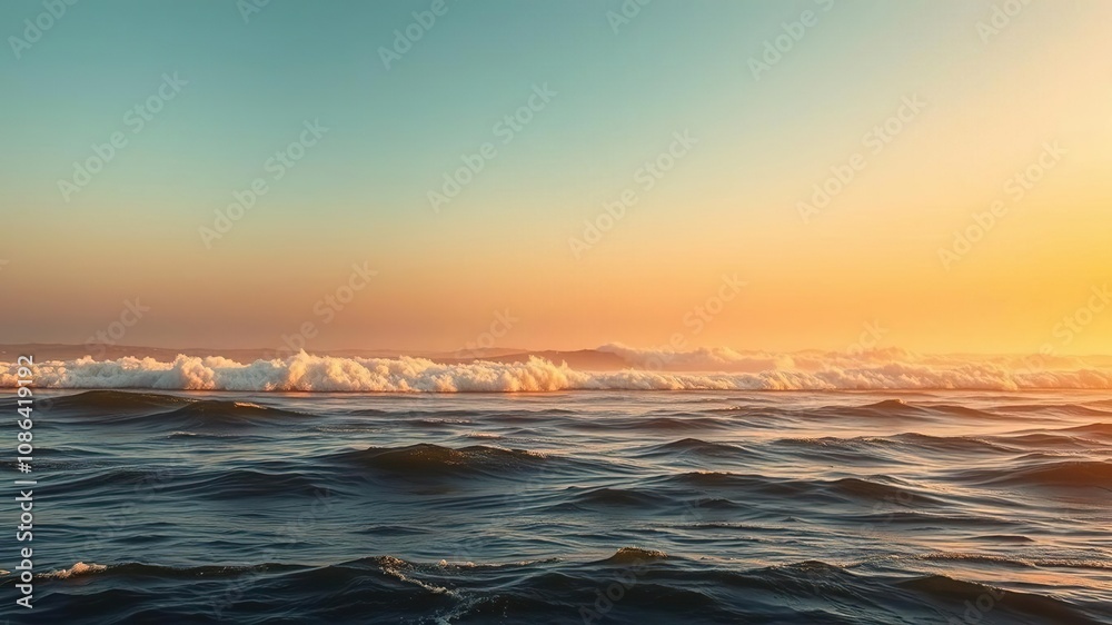 Warm golden light casting a mystical glow on a tranquil ocean with waves rolling in the distance, serene, sky, ripple Warm golden light casting a mystical glow on a tranquil ocean with waves rolling in the distance, serene, sky, ripple