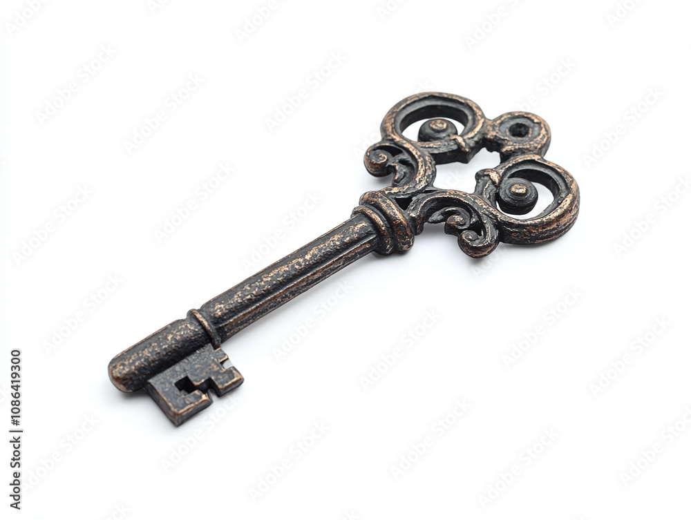 A single antique key with ornate details, resting on a stark white surface, showcasing its texture and historical charm isolated on white background A single antique key with ornate details, resting on a stark white surface, showcasing its texture and historical charm isolated on white background