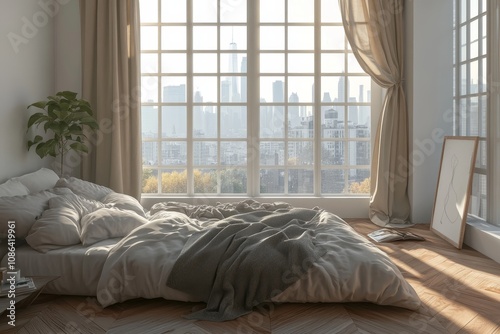 A modern bedroom with a large window overlooking a city skyline. Sunlight streams through the window, illuminating the bed with natural light.