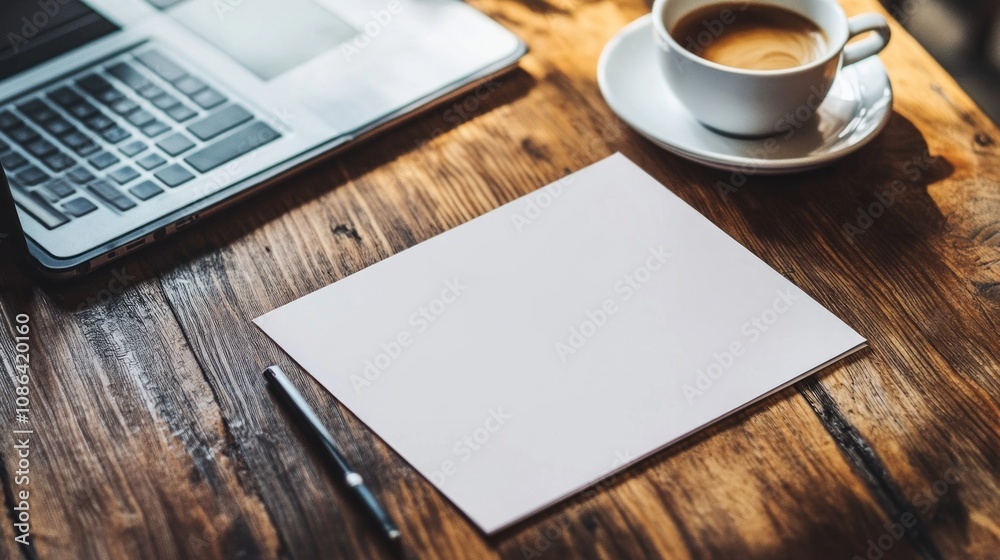 Blank Paper, Laptop, Coffee - Modern Workspace Blank Paper, Laptop, Coffee - Modern Workspace