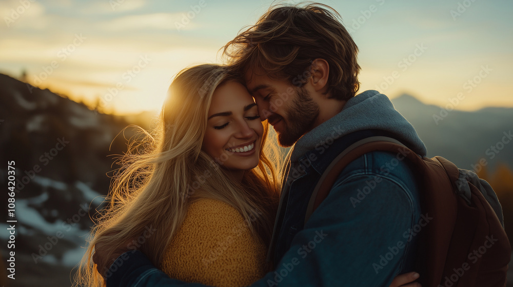 Romantic couple embracing at sunset in a mountain landscape Romantic couple embracing at sunset in a mountain landscape