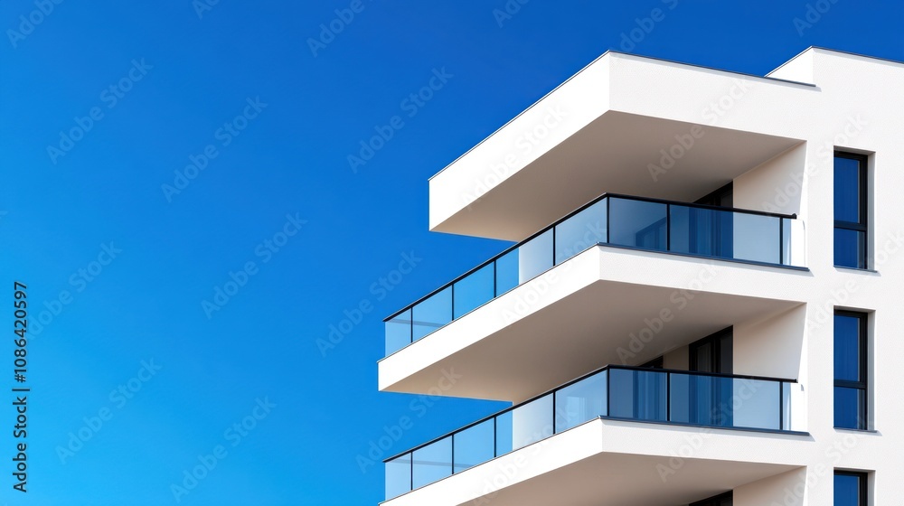 Modern building with balconies against a clear blue sky. Modern building with balconies against a clear blue sky.