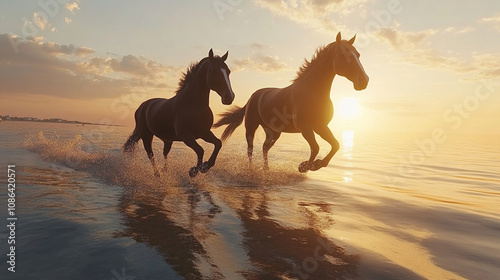 two horse on the beach at sunset photo