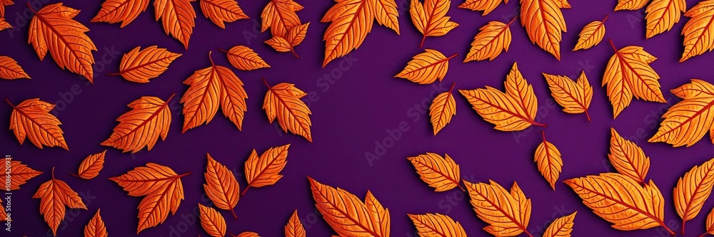 Obraz premium A stylized pattern of dry orange metallic leaves on a deep violet background with intricate details and layered compositions, vibrant colors, dried flowers art