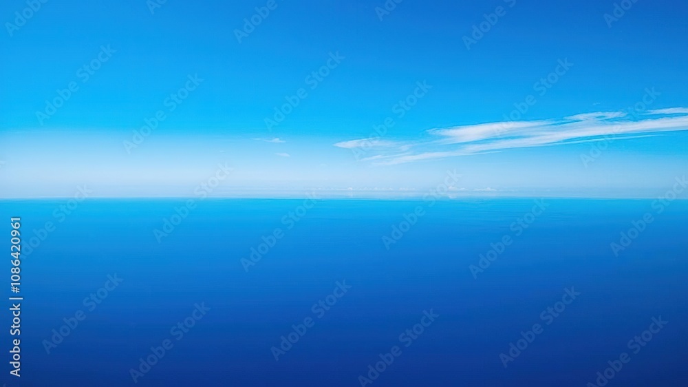 Obraz premium A sweeping vista of cerulean blue stretches out to infinity as a few wispy strands of cloud drift lazily across the horizon, serene, gentle
