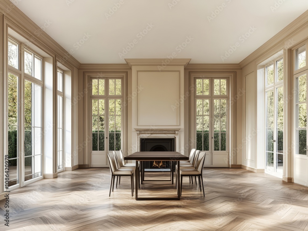 Spacious dining room with large windows, fireplace, and wooden floors. Spacious dining room with large windows, fireplace, and wooden floors.