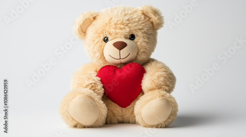 Teddy bear holding red heart on plain white background