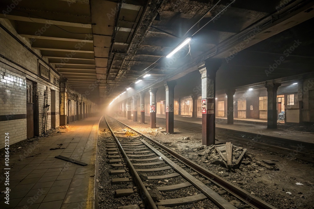 Obraz premium Abandoned subway stations with glowing trails and dusty remnants, luminescent beams, forgotten infrastructure, abandoned station