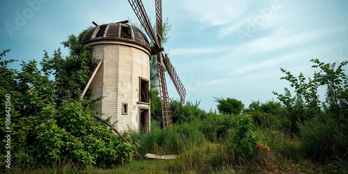 Abandoned windmill with overgrown vegetation and a sense of decay, nature, windmill, overgrowth