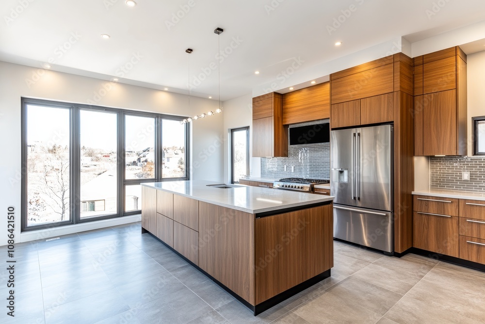 Modern kitchen with large windows, stainless steel appliances, and a large island. Modern kitchen with large windows, stainless steel appliances, and a large island.