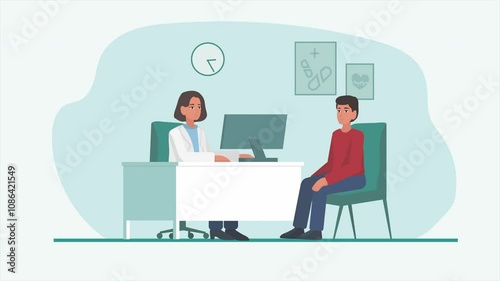 A female doctor interacting with her patient in a professional office environment. Medical consultation. 2d cartoon style Loop animation in 4k.