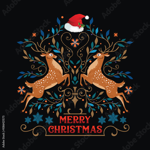 A festive folk art-style Christmas card with two reindeer and a Santa hat.