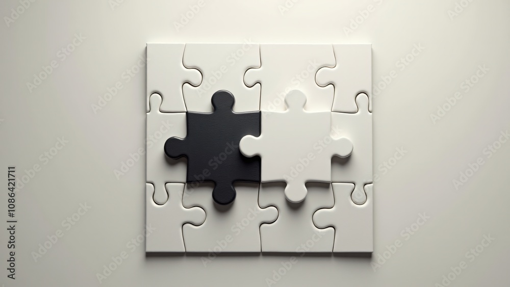 Minimalistic arrangement of black and white puzzle pieces on a clean white surface. Represents unity, contrast, and problem-solving concepts. Perfect for themes like teamwork, creativity, and strategi