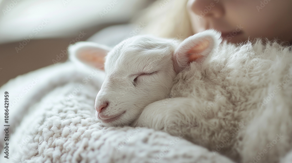 Baby lamb resting on someone’s chest, close-up, calm setting with gentle colors Baby lamb resting on someone’s chest, close-up, calm setting with gentle colors