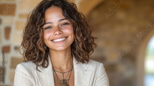 Happy Young Woman Smiling Curly Hair Beige Blazer Portrait