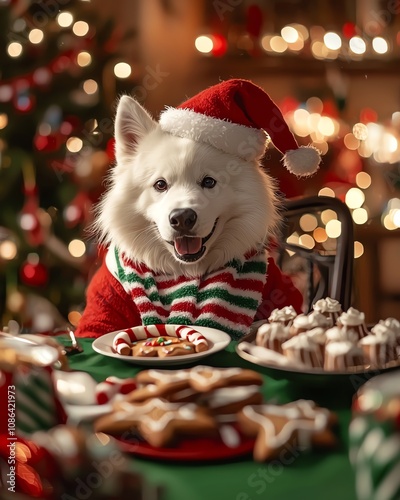 Fluffy Samoyed in elf outfit and striped scarf, sitting at holiday feast table with gingerbread treats, soft bokeh effect photo