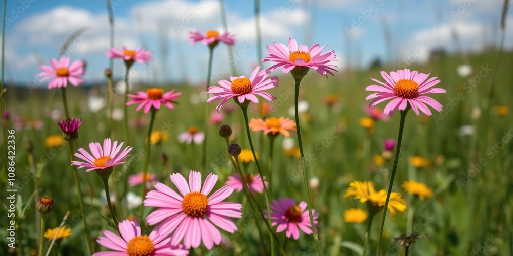 Fototapeta premium Blooming wildflowers in a picturesque field with a blue sky, flower petals, natural scenery, sunny day