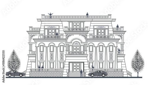 Facade of 3 storeys symmetrical modern classic house with 5 doors, 12 windows, 10 columns, frame, stair, railing, crowns, balustrade, canopy, balcony and curve wall elements.